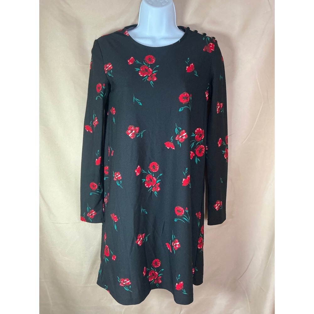 Mango Floral Shift Dress Womens Size 2 Black Red Excellent Long Sleeve Poppy